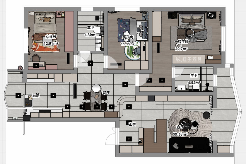 仇美蓉｜梅花山庄36-3-605-132㎡-简约风格｜3室2厅2卫｜老房装修｜定制家｜全包18万｜00_05平面彩图